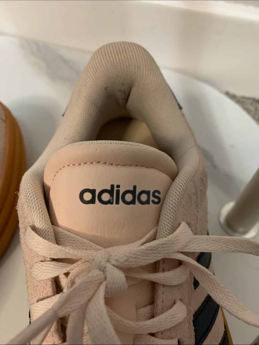 adidas Women’s Light Pink Suede Sneakers with Navy Stripes and Gum Sole - Picture 6 of 6